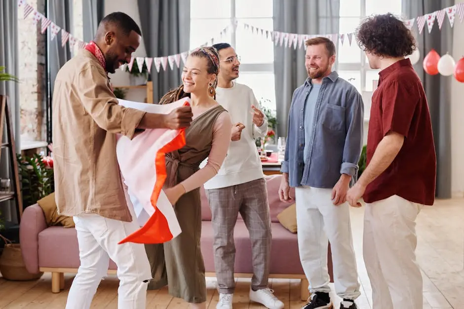 A group of diverse friends celebrating indoors with joy and laughter.