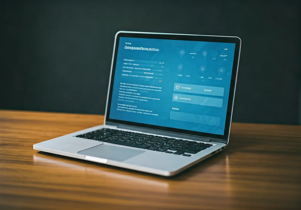 A laptop displaying antivirus software interface on a desk. 35mm stock photo