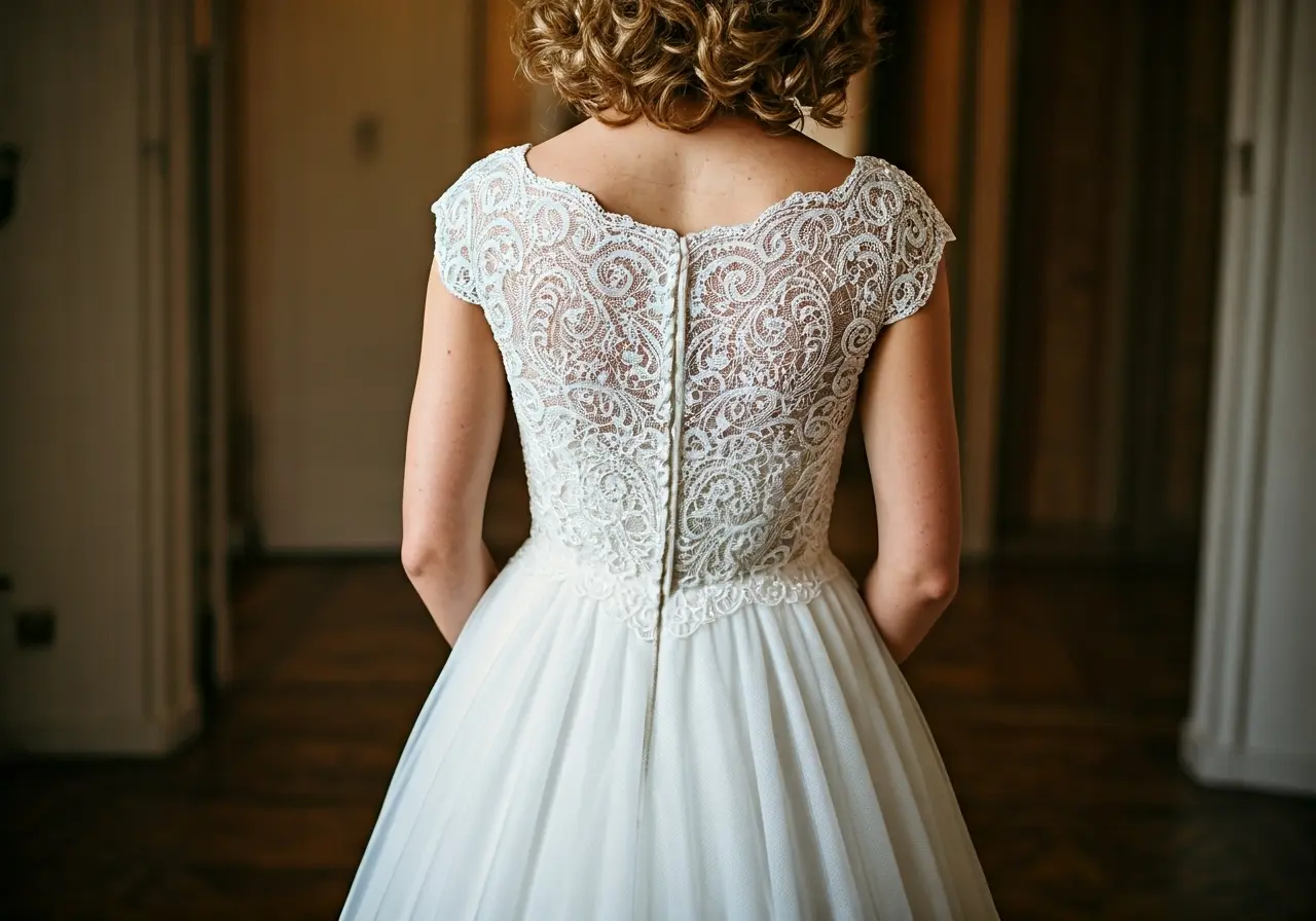 A bride’s dress embellished with personalized embroidery and lace. 35mm stock photo