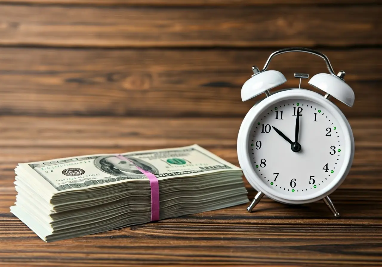 Stack of dollar bills and alarm clock on wooden table. 35mm stock photo
