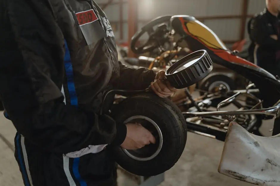 Mechanic working on a kart tire in an indoor garage setting, showcasing racing preparation.