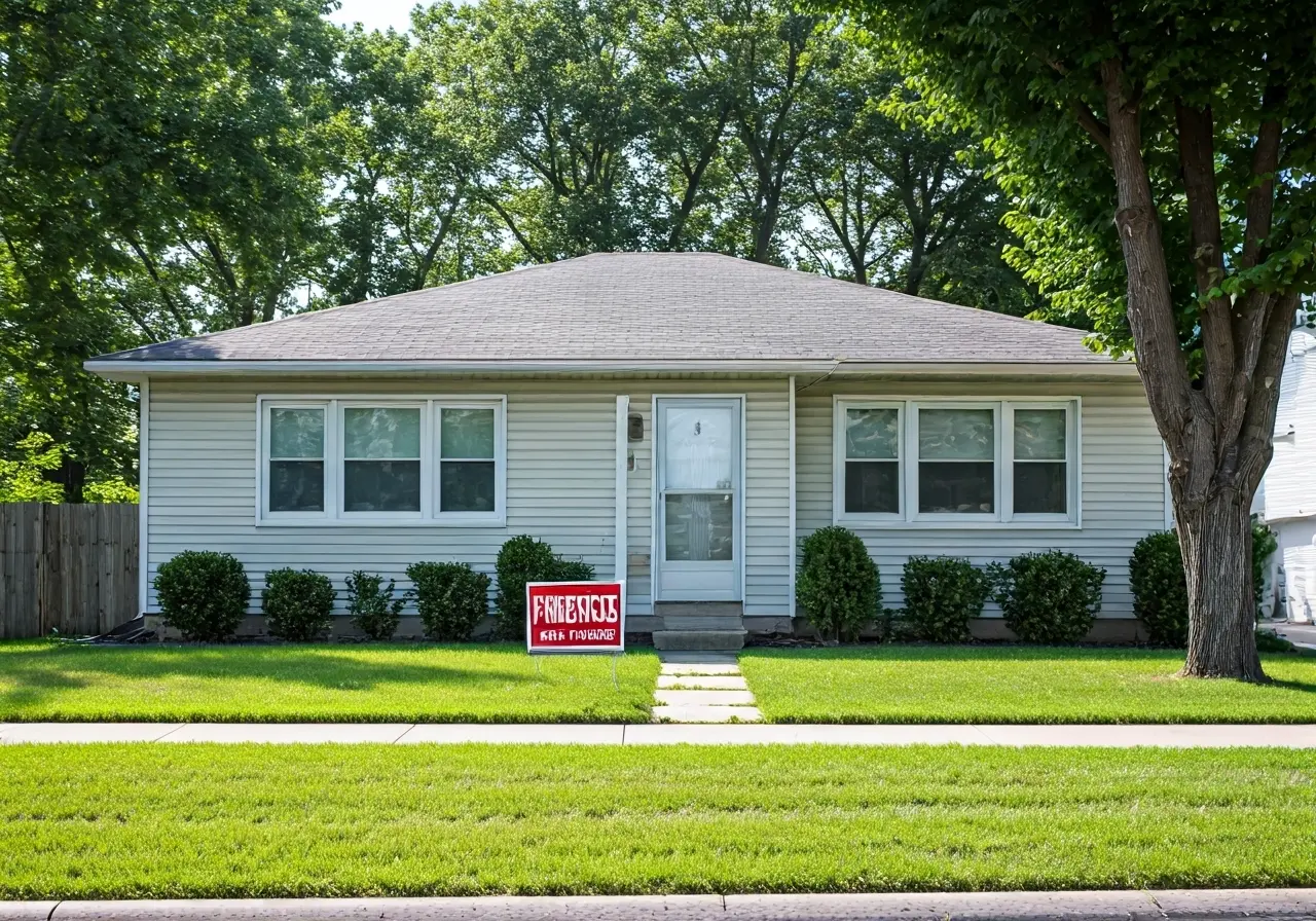A small house with a foreclosure sign on lawn. 35mm stock photo