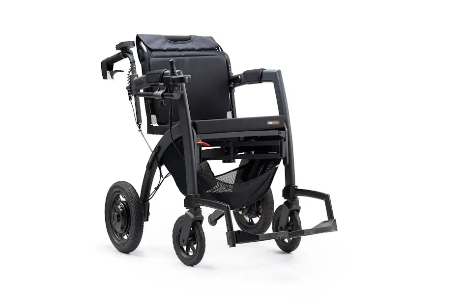 Sleek electric wheelchair design, isolated on a white background.