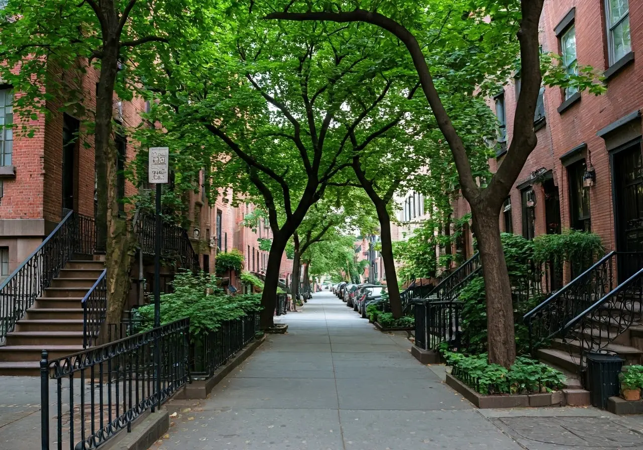A charming tree-lined street in West Village, NYC. 35mm stock photo