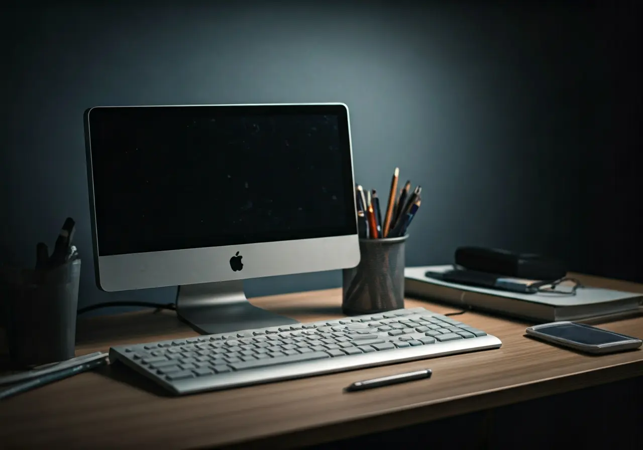 A cluttered desk with IT equipment and tangled cables. 35mm stock photo