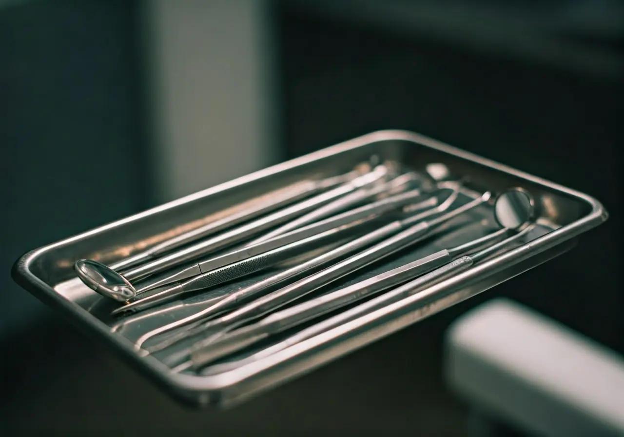 A pristine set of dental tools on a dentist’s tray. 35mm stock photo