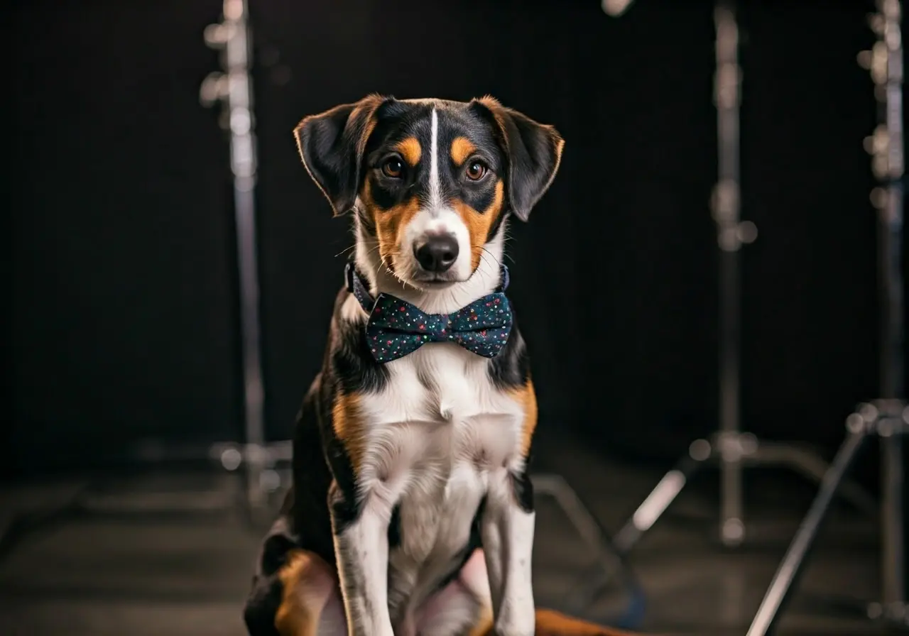 A cute dog wearing a bow tie, sitting on set. 35mm stock photo