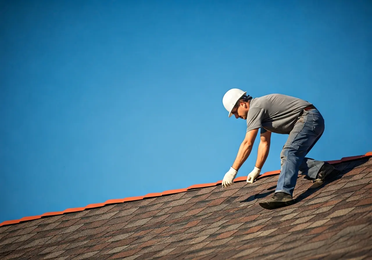 A roof technician inspecting shingles under a clear blue sky. 35mm stock photo