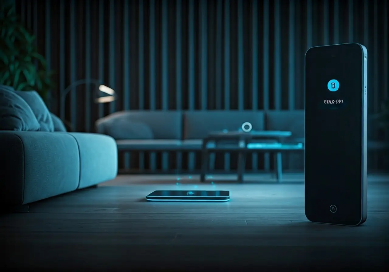 A futuristic living room with voice-activated smart home devices. 35mm stock photo