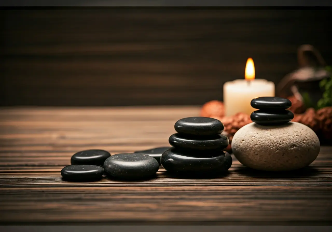 A tranquil spa setting with healing stones and candles. 35mm stock photo