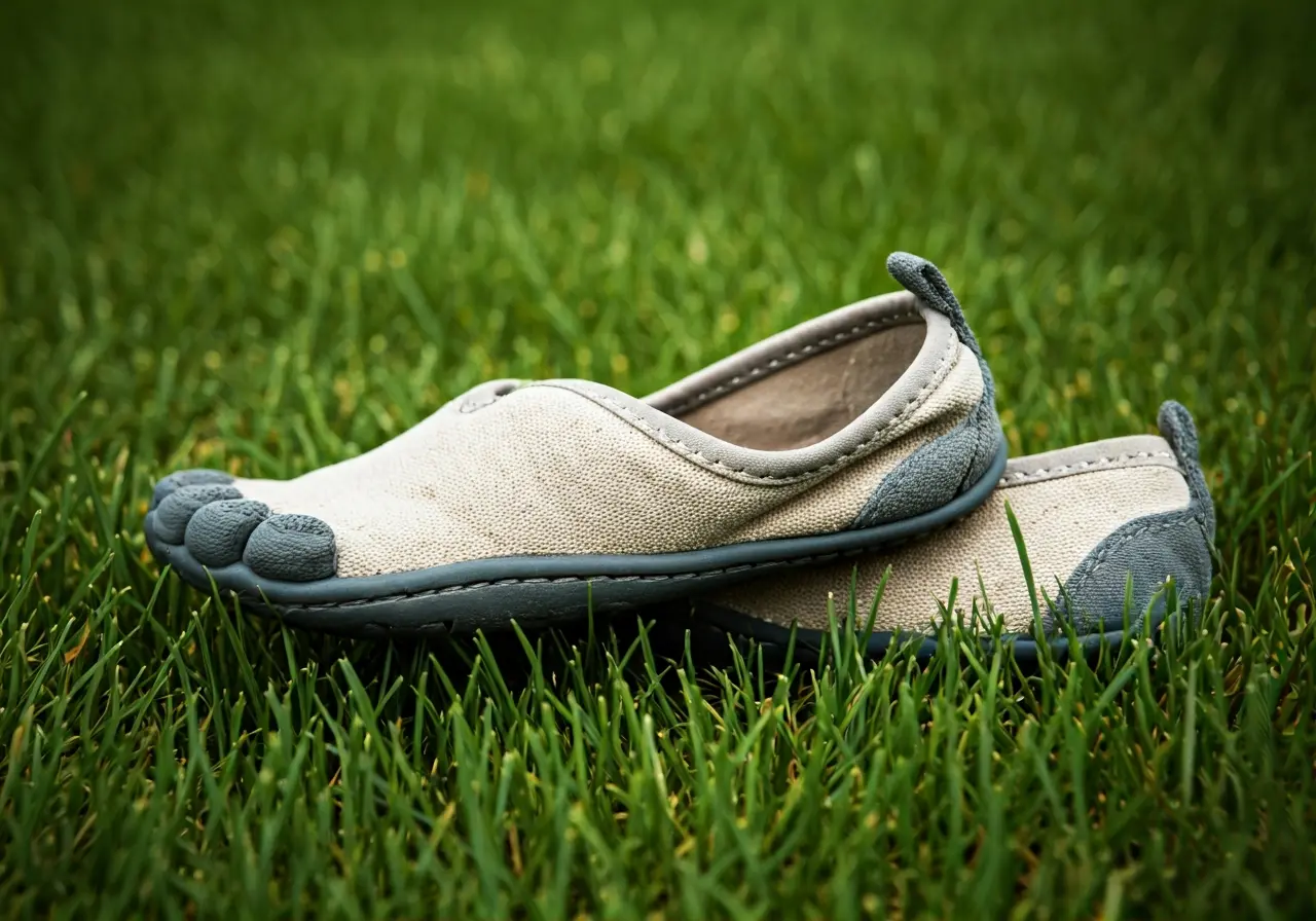 Close-up of eco-friendly barefoot shoes on lush green grass. 35mm stock photo