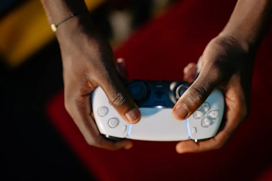 Close-up view of hands gripping a wireless gaming controller.