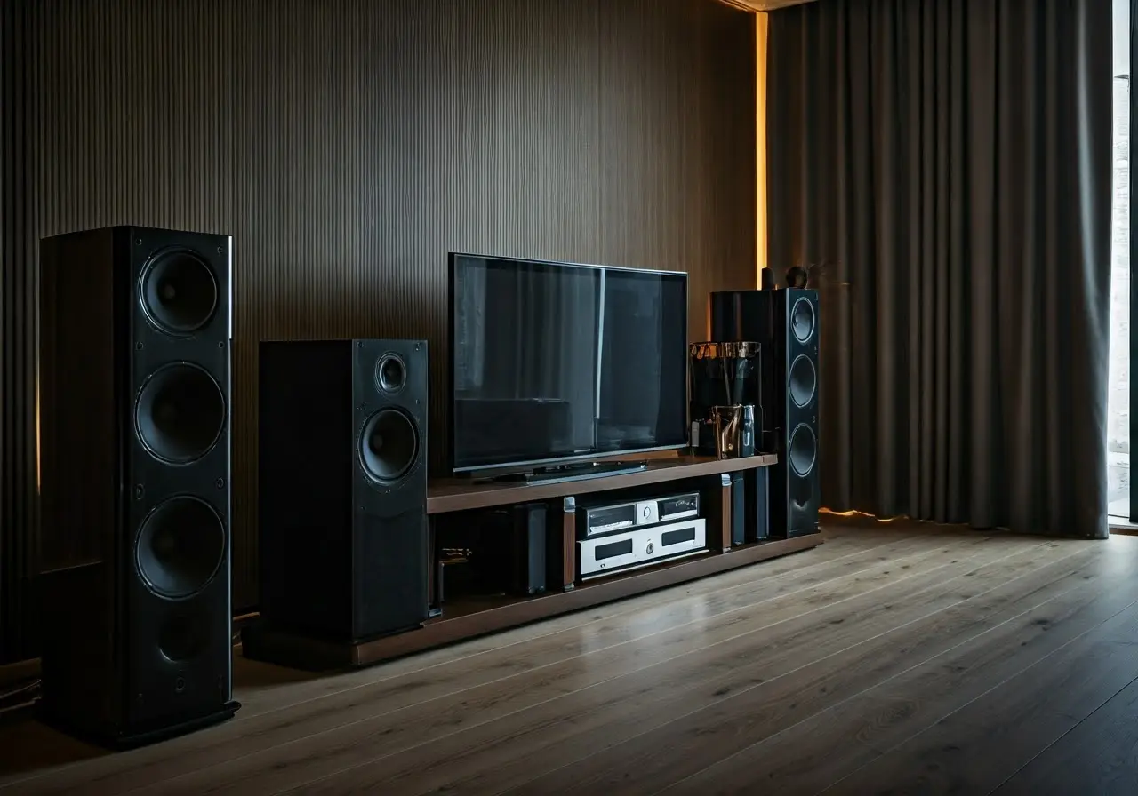 A sleek modern living room with advanced audio-video equipment. 35mm stock photo