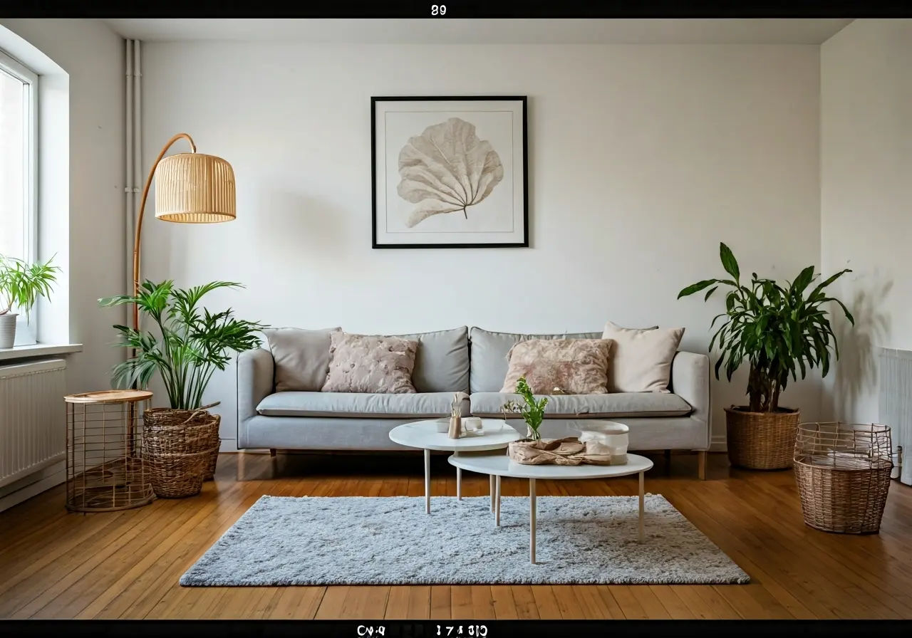 A serene, clutter-free living room with stylish, modern design elements. 35mm stock photo