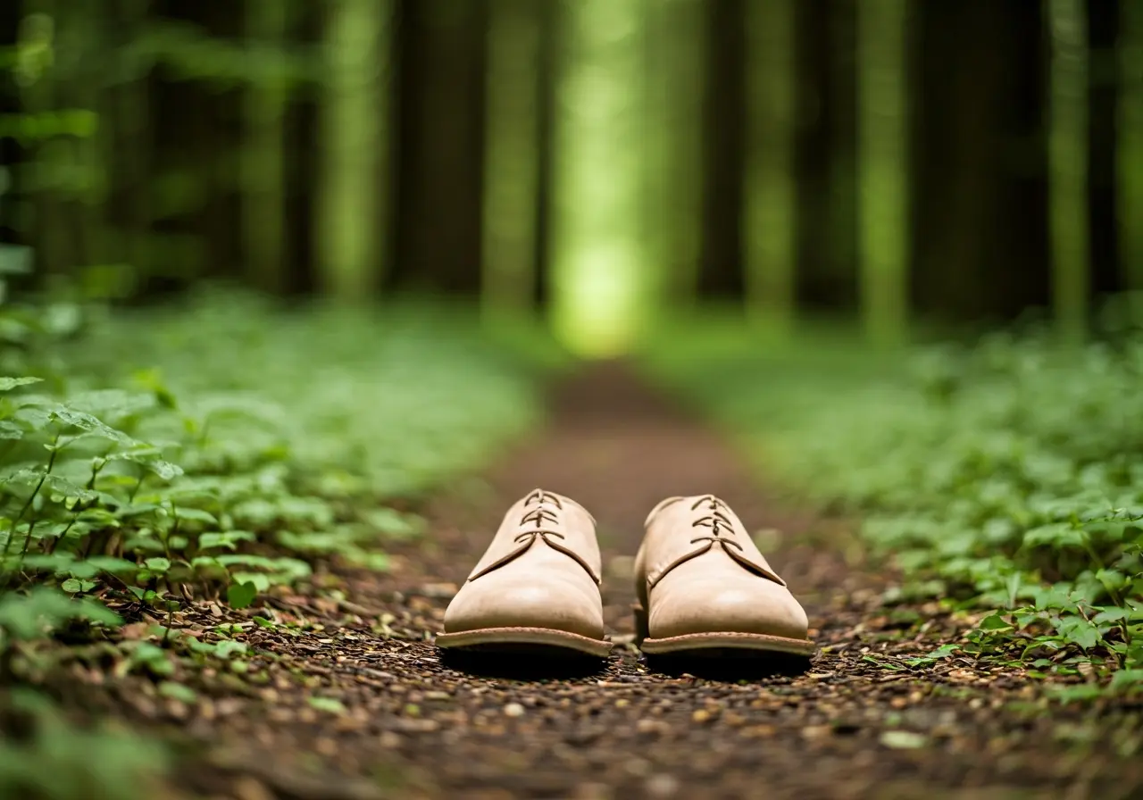 Natural, minimalist shoes on a lush, green forest path. 35mm stock photo