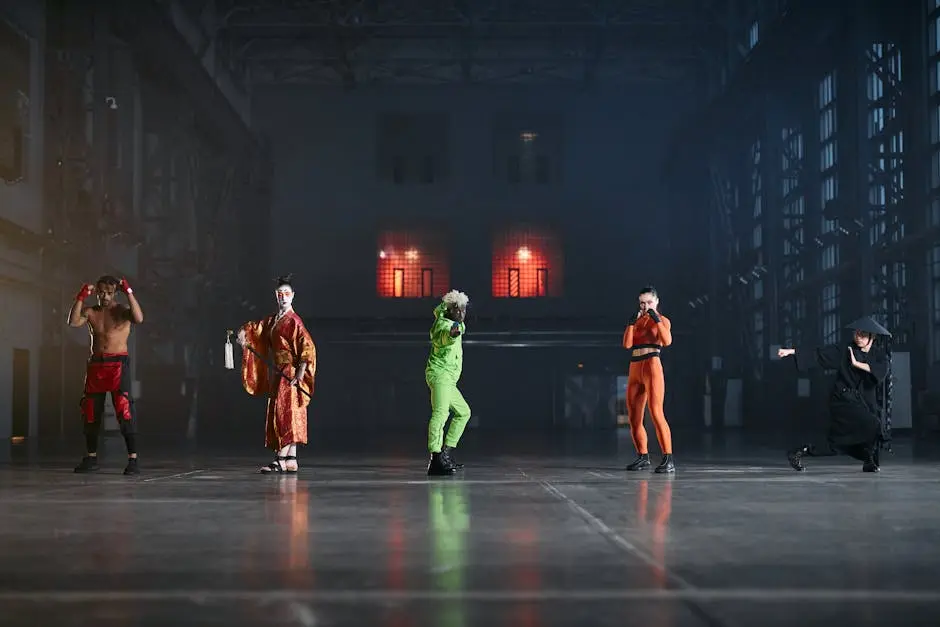 A group of people in vibrant cosplay costumes posing indoors with dramatic lighting.