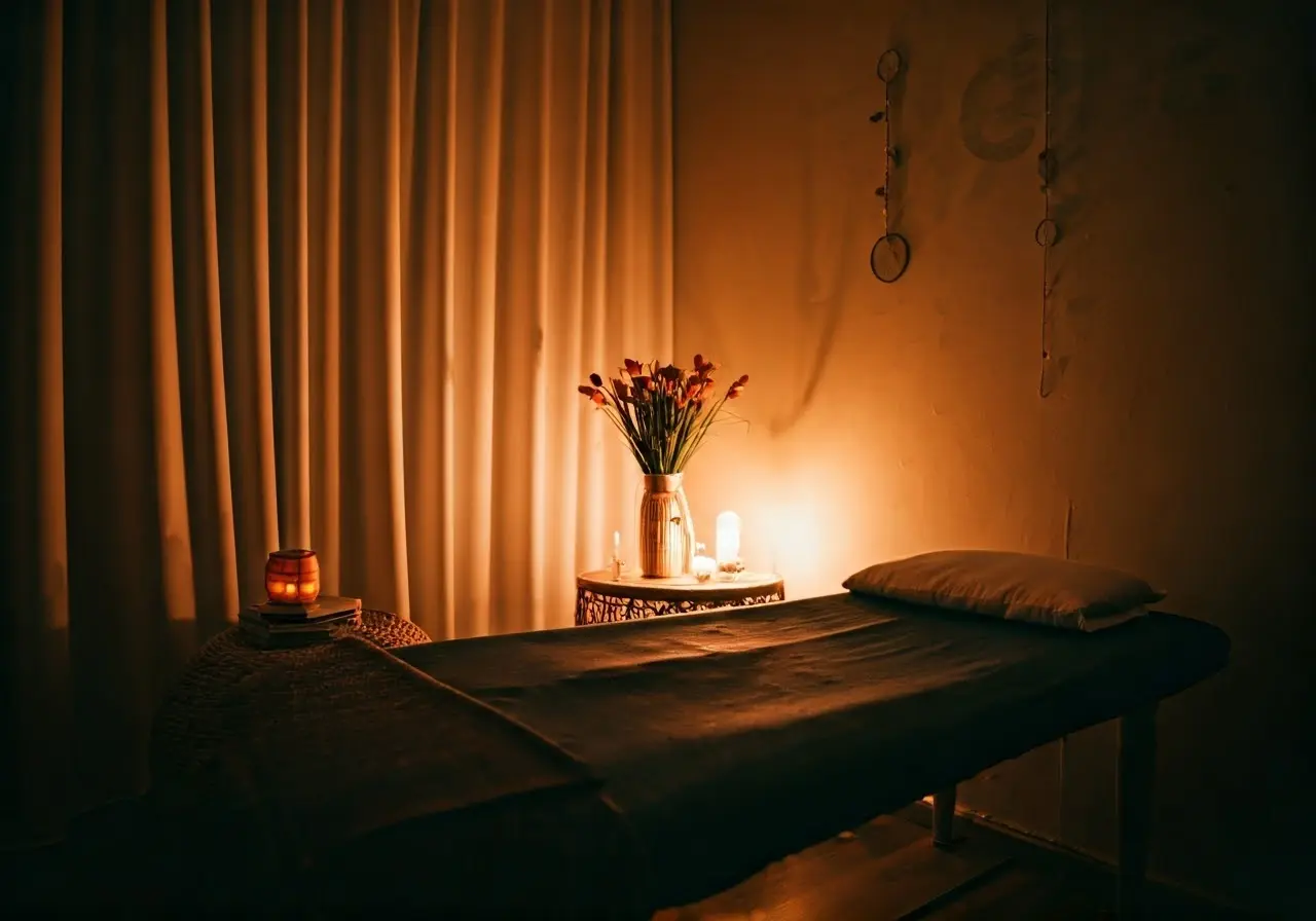 A serene therapy room with soft lighting and cozy decor. 35mm stock photo
