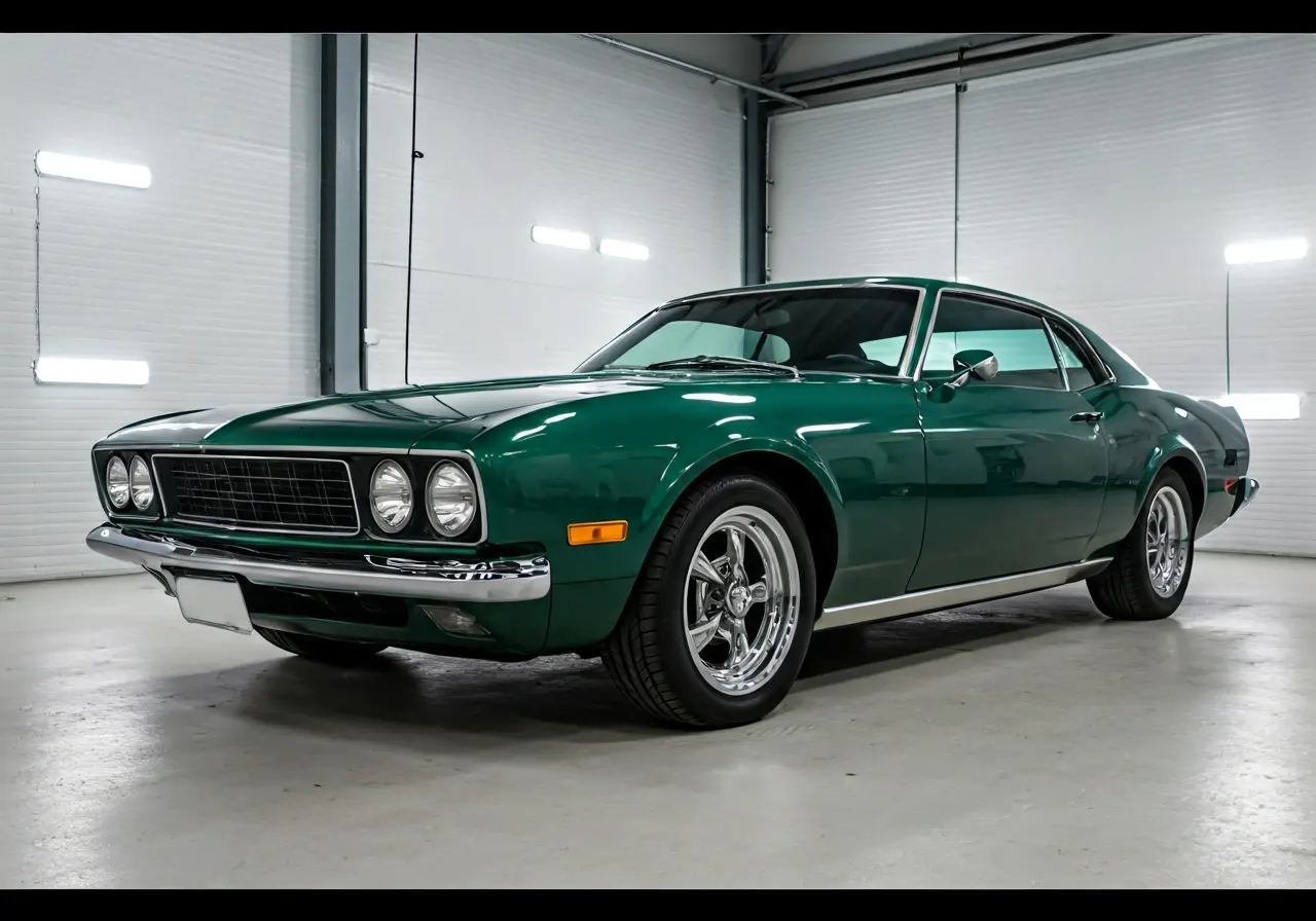 A gleaming, freshly detailed car in a well-lit garage. 35mm stock photo