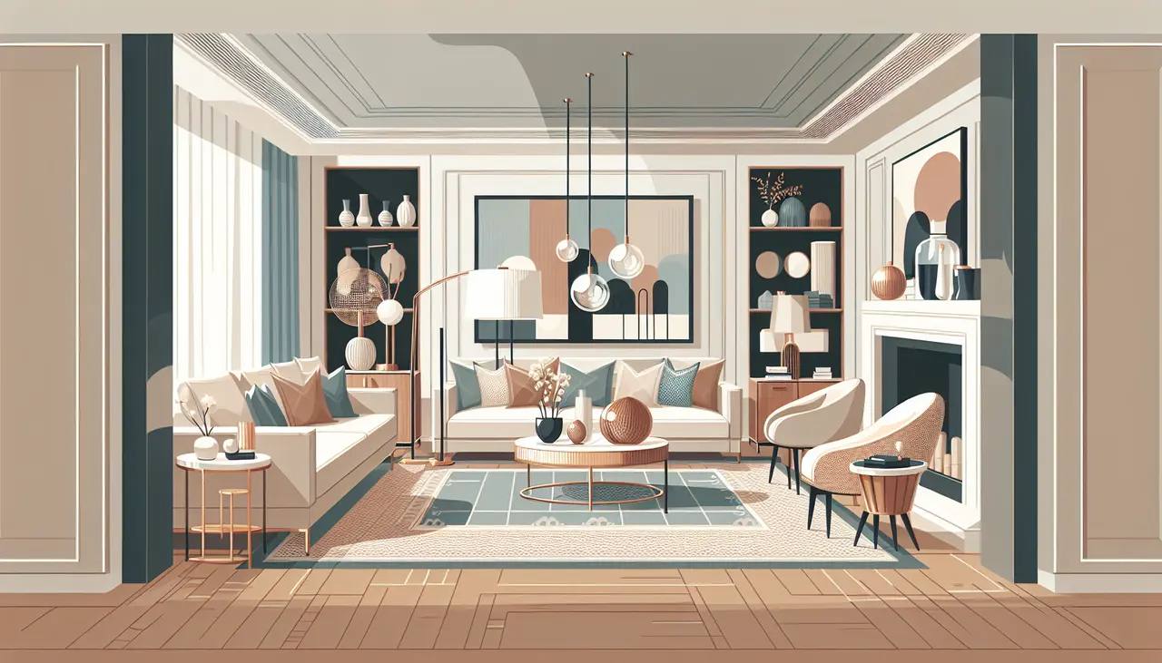 Draw a graphic in flat design style. An illustration of a modern, renovated living room with elegant furniture and decor, showcasing increased home value, in Flat Design Style.