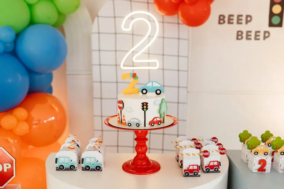 A vibrant birthday celebration setup with a traffic-themed cake and colorful balloons for a second birthday party.