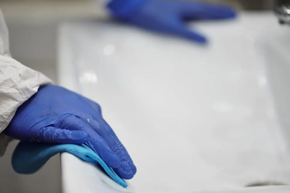 Close-up of a person sanitizing a bathroom sink with gloves and cloth, focusing on hygiene and cleanliness.