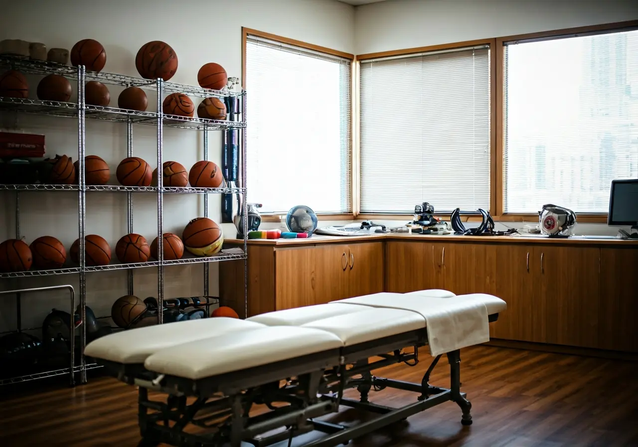 A chiropractor’s office with various sports equipment on display. 35mm stock photo