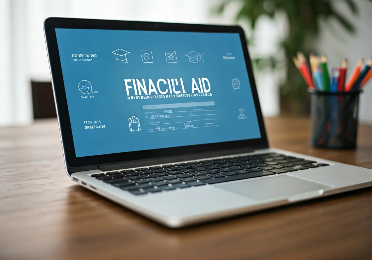 A laptop displaying financial aid application forms with educational icons. 35mm stock photo