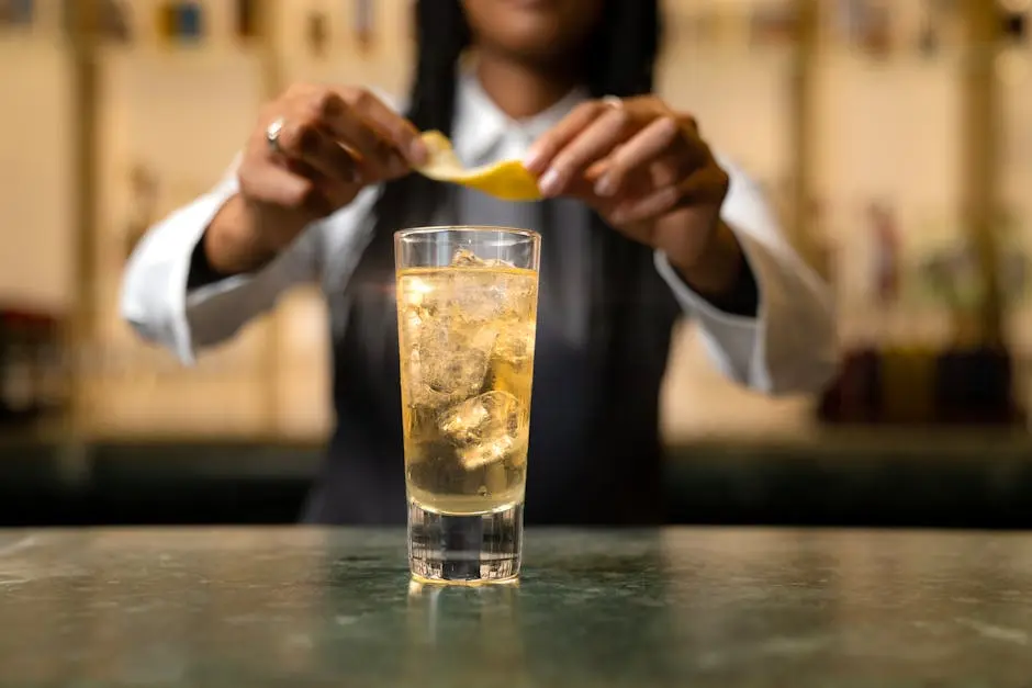 Close-up of a bartender garnishing a cocktail with lemon in a stylish bar setting.