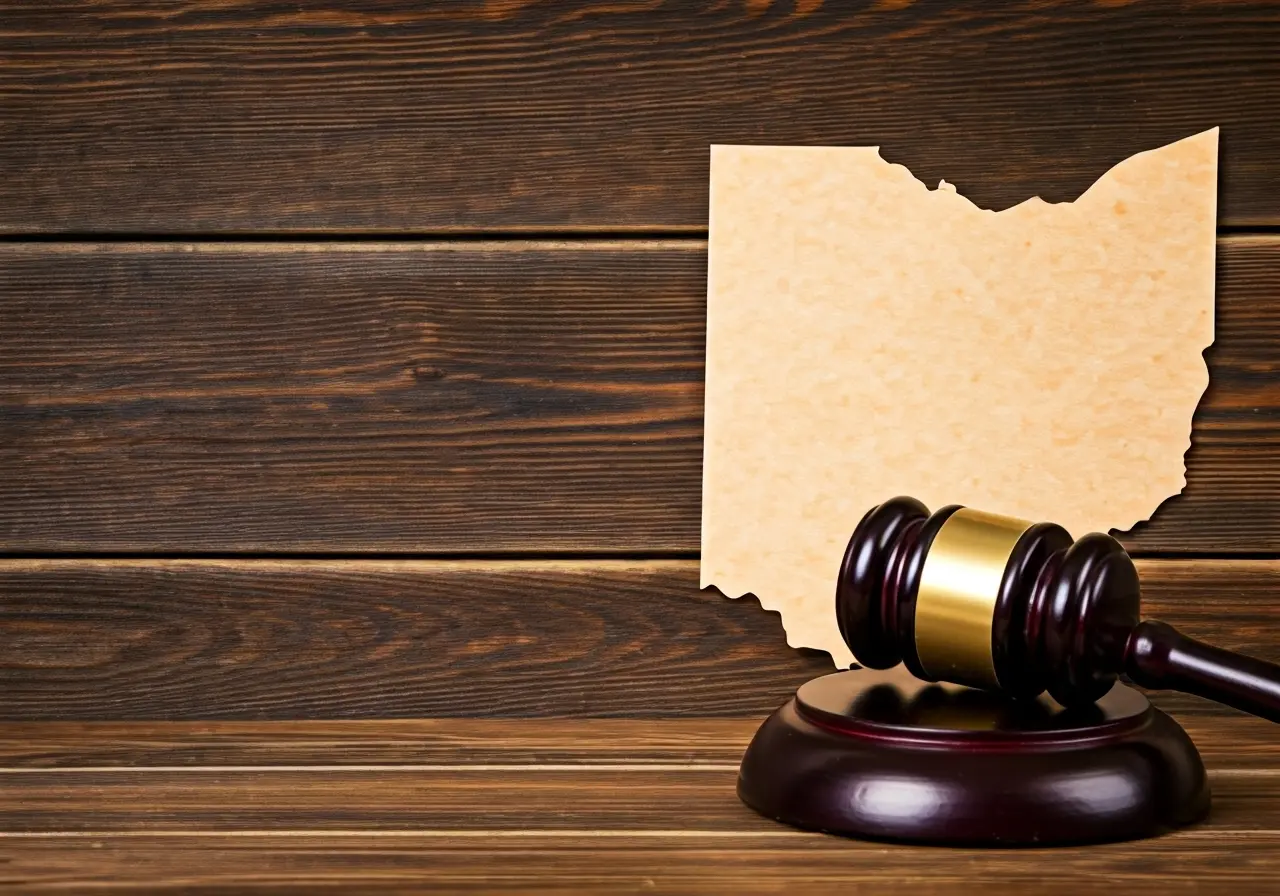 Gavel and Ohio map on a wooden background. 35mm stock photo