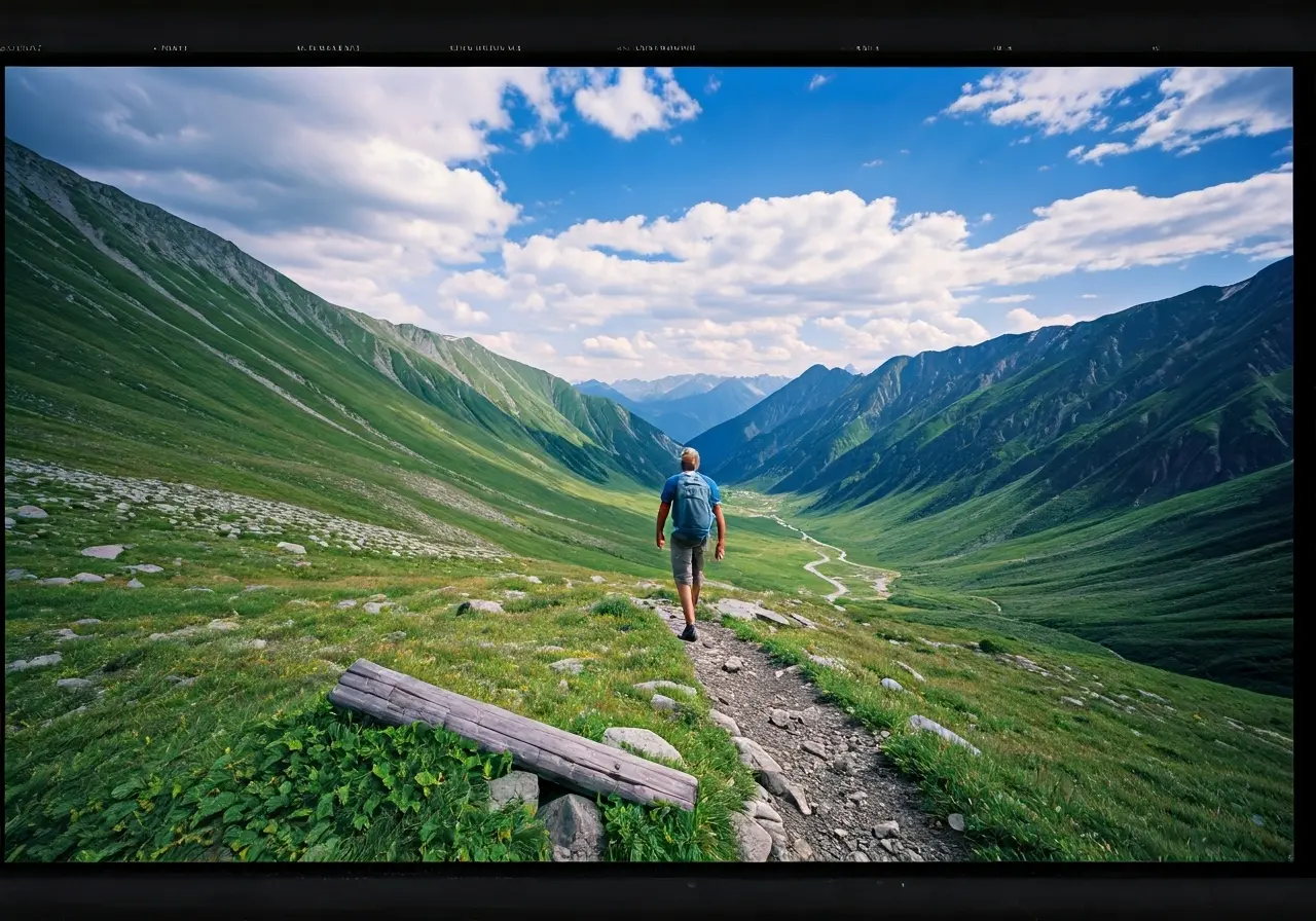 A mountain climber overcoming obstacles on a rugged trail. 35mm stock photo