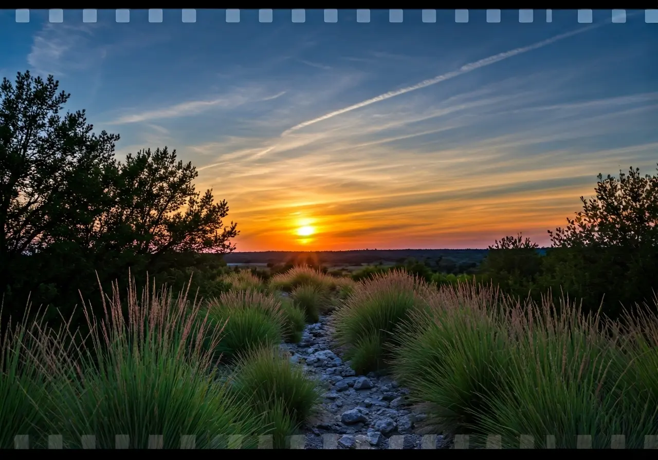 A serene Texas landscape with a calming sunset background. 35mm stock photo