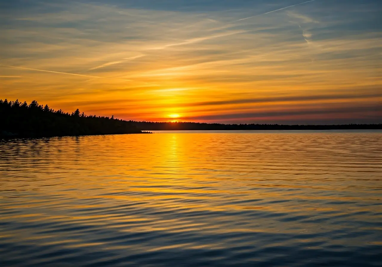 A serene sunset over a tranquil lake, symbolizing calm. 35mm stock photo