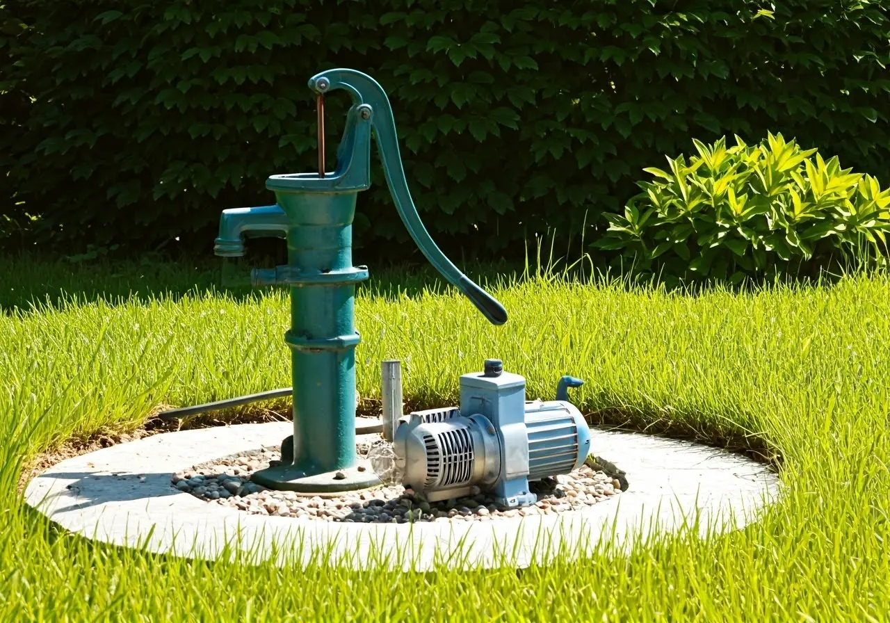 A hand pump beside an electric pump in a garden. 35mm stock photo