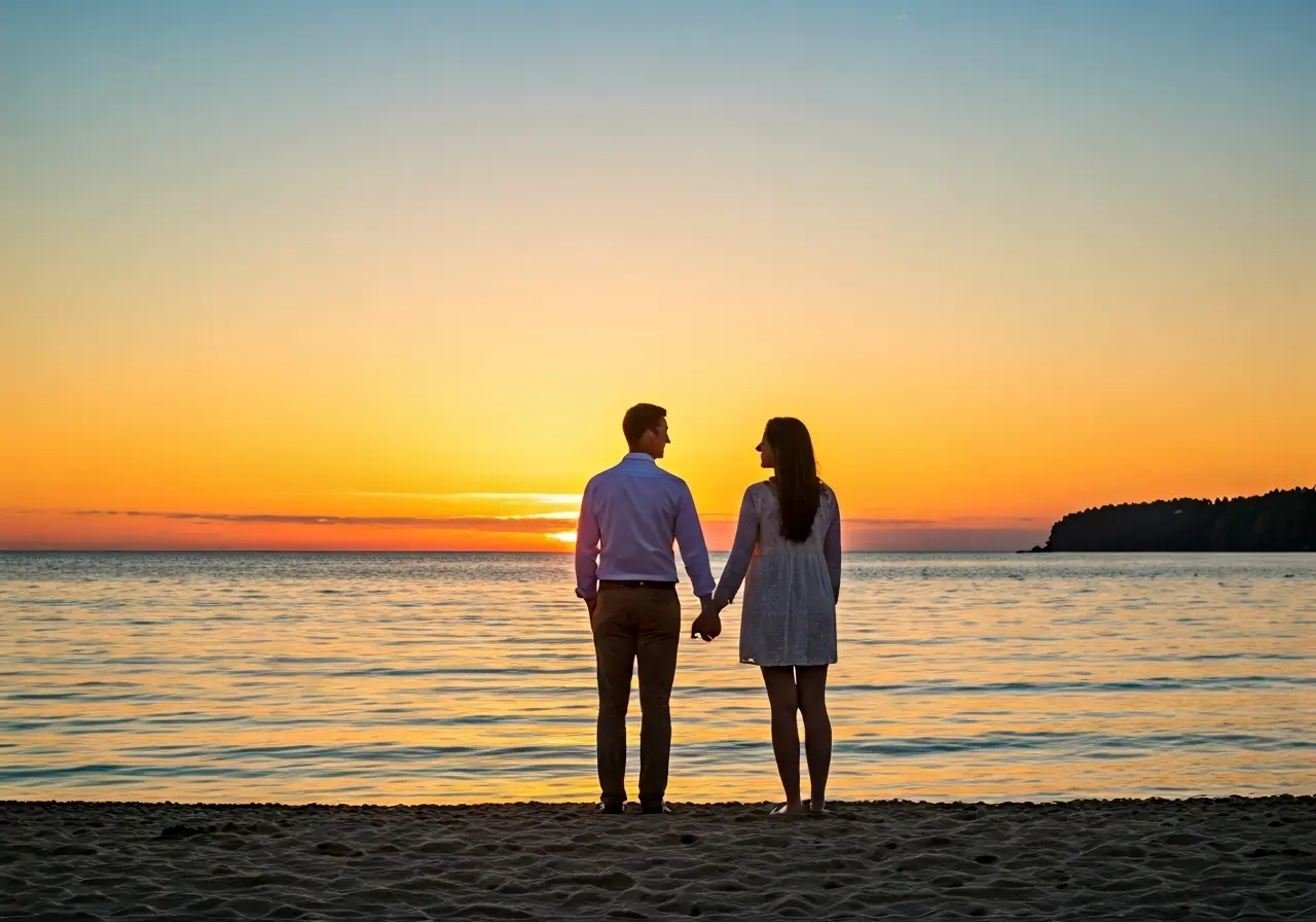 A couple holding hands on a serene beach at sunset. 35mm stock photo
