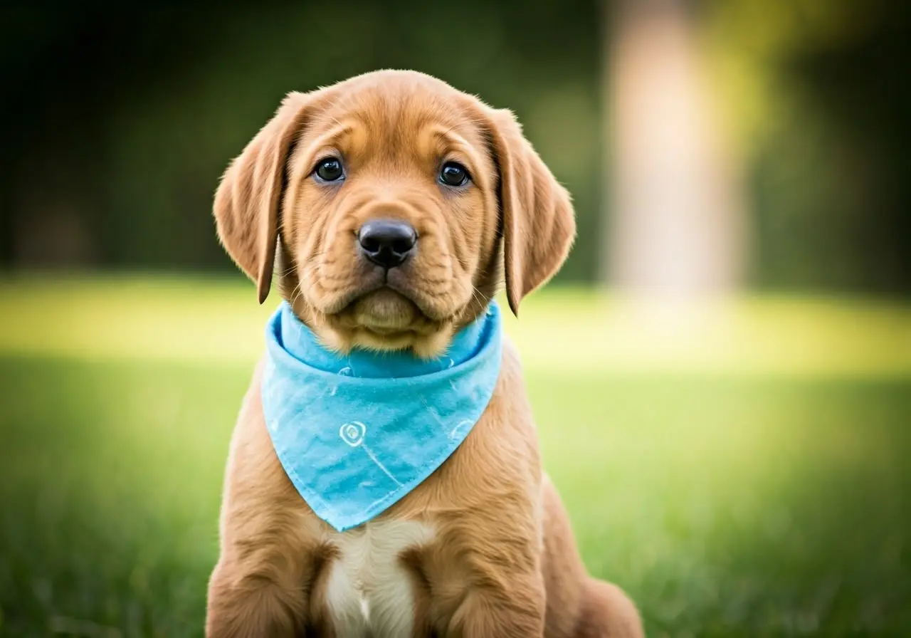 A playful puppy wearing a training bandana in a park. 35mm stock photo