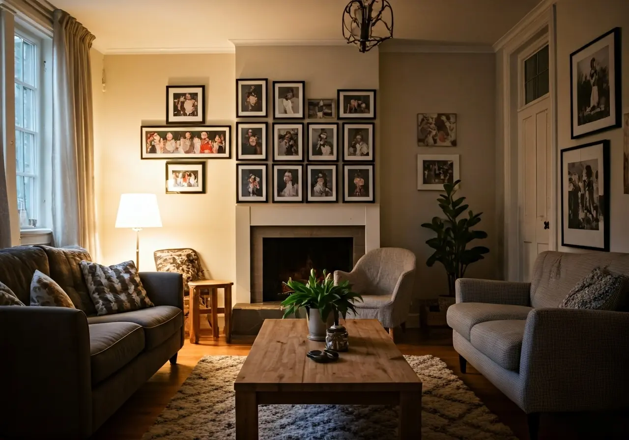 A cozy living room with soft lighting and family photos. 35mm stock photo