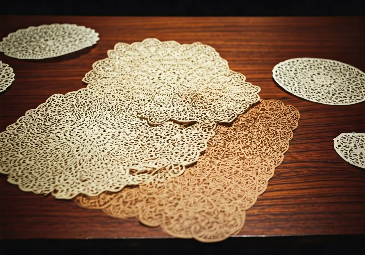 Intricate paper cut designs displayed on a wooden table. 35mm stock photo