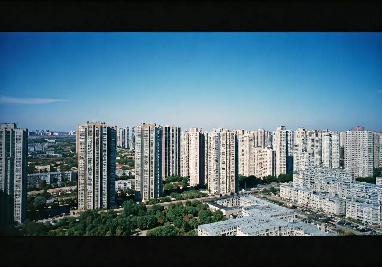 A cityscape with high-rise buildings under a clear blue sky. 35mm stock photo