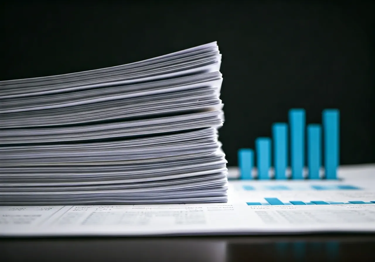Stacks of invoices and a bar graph on a desk. 35mm stock photo