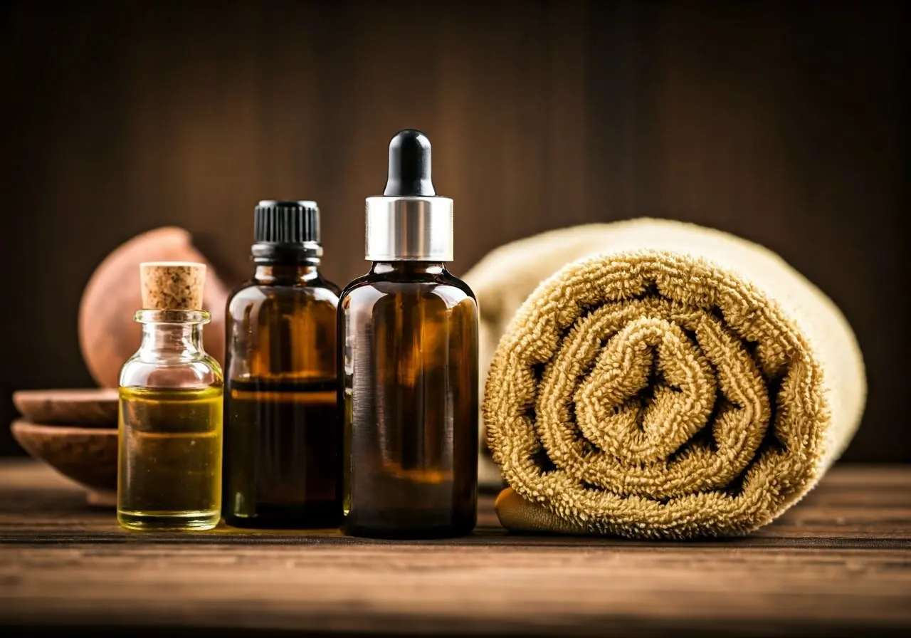 Assortment of essential oils and towels in a tranquil spa setting. 35mm stock photo