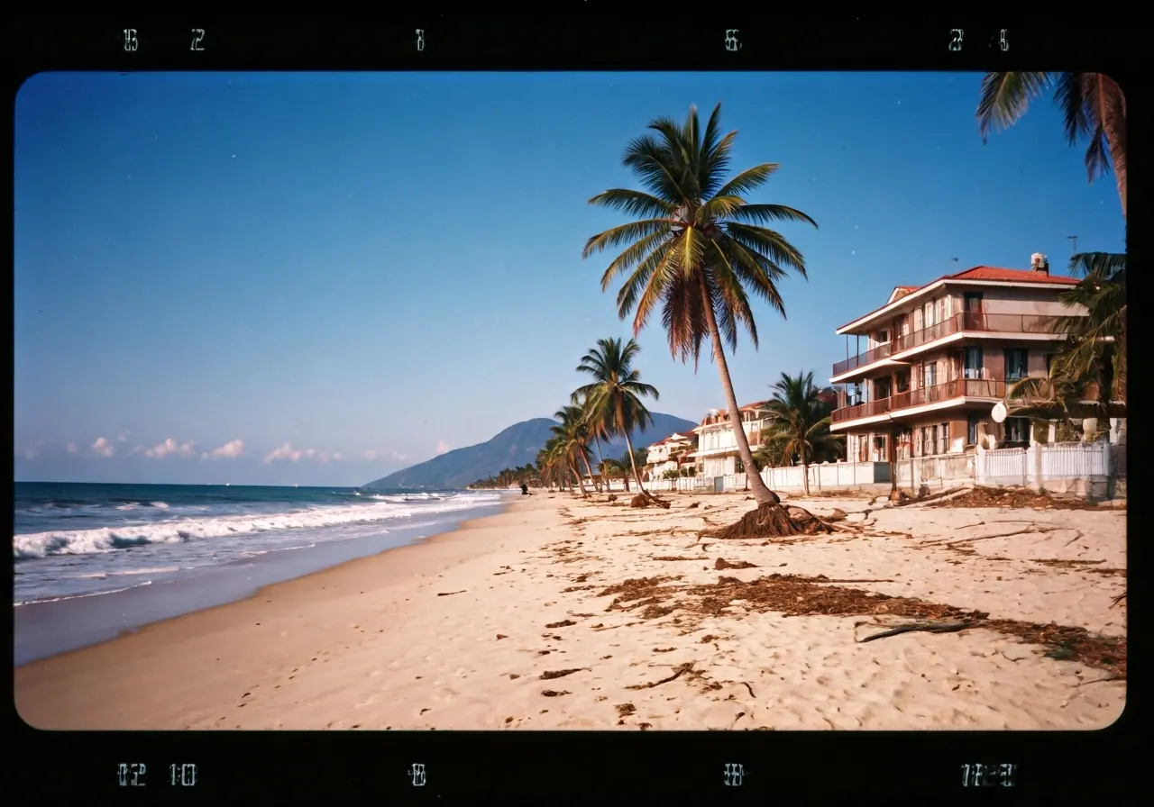 A calm beach scene with damaged palm trees and houses. 35mm stock photo