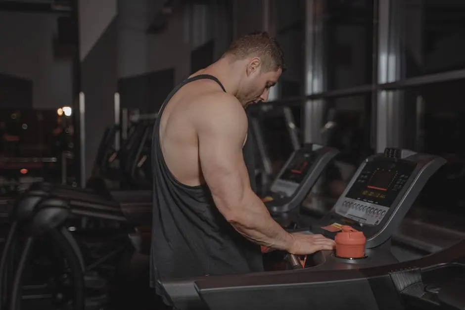 A muscular man adjusting treadmill settings in a modern gym environment at night.
