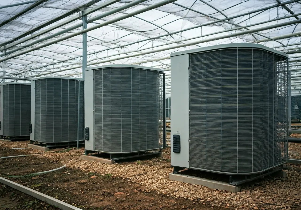 A row of climate control units in a greenhouse. 35mm stock photo