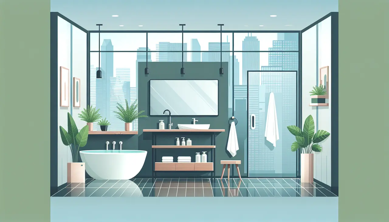 Draw a graphic in flat design style. A flat design illustration of a modern bathroom in Mississauga with stylish fixtures, a large mirror, a sleek bathtub, and greenery accents, all in a minimalist layout.