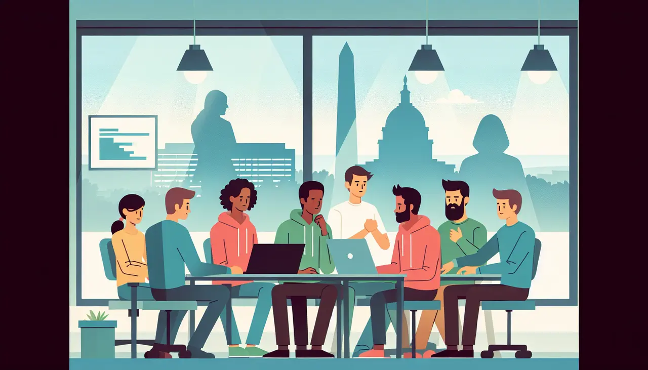 Draw a graphic in flat design style. A flat design illustration of a diverse group of developers discussing a project around a laptop, with the Washington Monument subtly visible through an office window in the background.