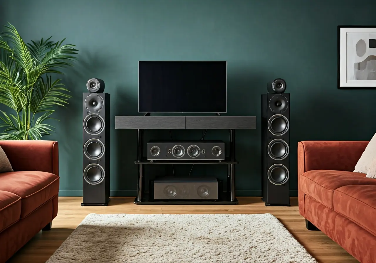 A modern living room with a sleek surround sound setup. 35mm stock photo