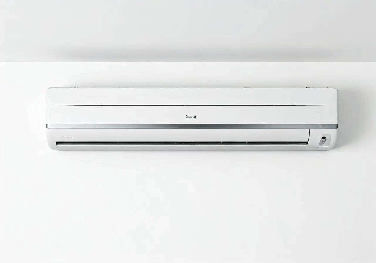 A sleek mini split AC unit installed in a modern room. 35mm stock photo