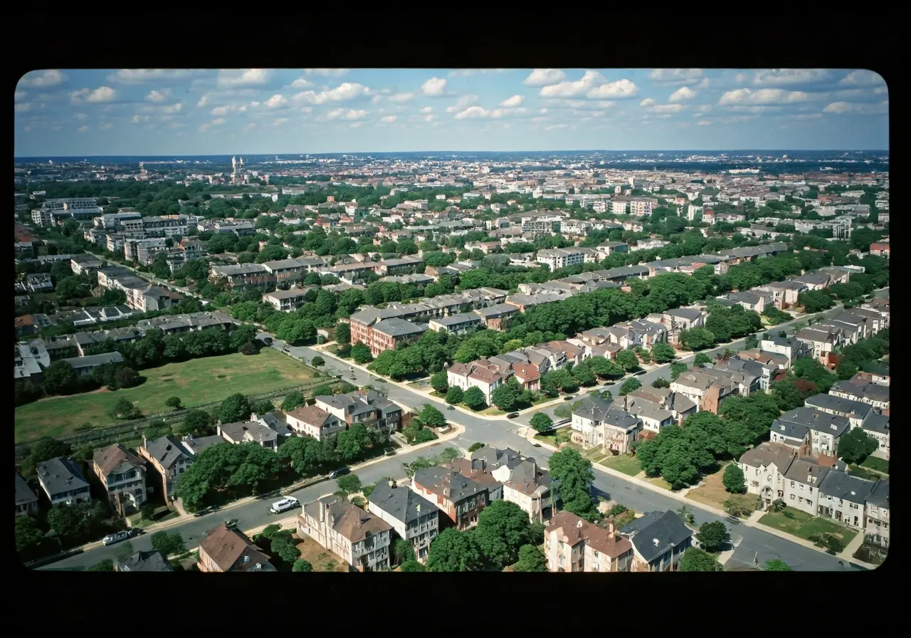 Aerial view of Washington D.C. neighborhood with houses. 35mm stock photo