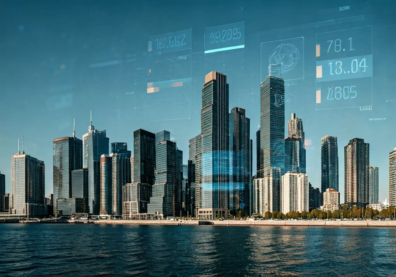 A futuristic city skyline with digital data overlays. 35mm stock photo
