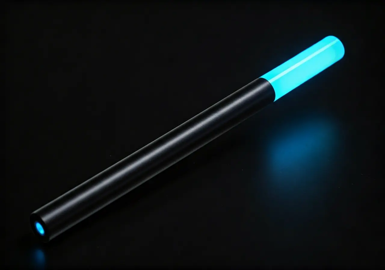 A sleek terahertz wand emitting soft, glowing blue light. 35mm stock photo